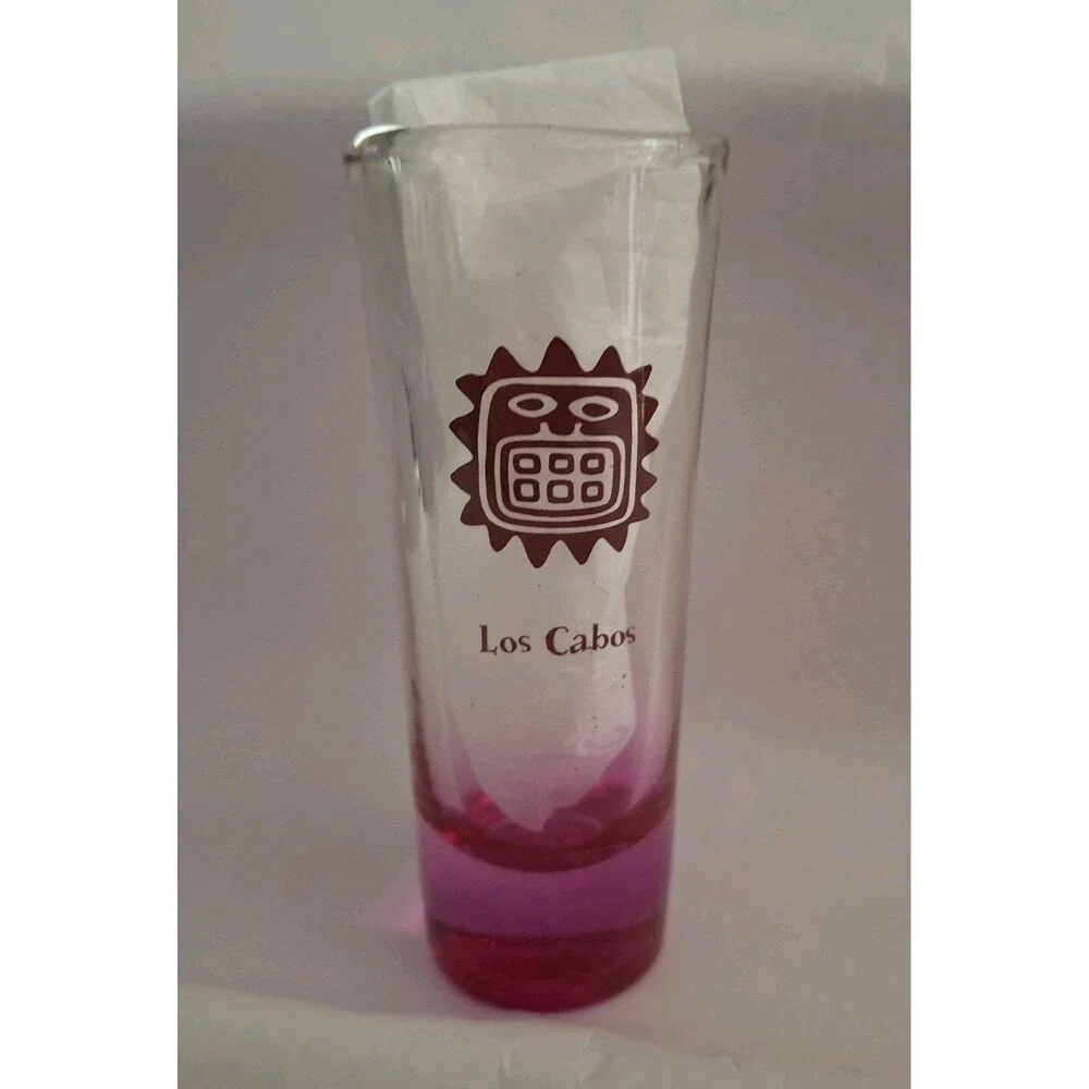 Los Cabos Mexico Delight Tall Shot Glass Mayan Style Sun Pink Tint Souvenir